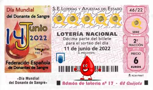 Décimo del Sorteo de Lotería Nacional del Día Mundial del Donante de Sangre