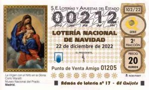 Décimo del numero 00212 de Lotería de Navidad 2022 Loteriasyapuestas El Quijote