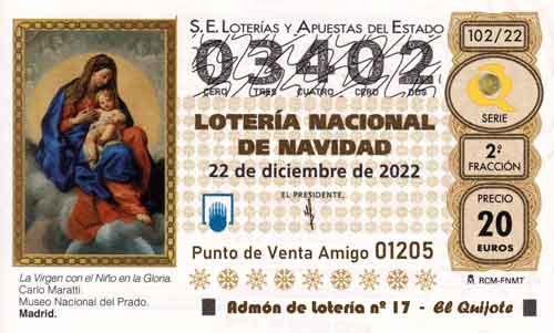Décimo del numero 03402 de Lotería de Navidad 2022 Loteriasyapuestas El Quijote