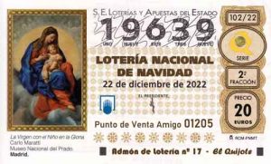 Décimo del numero 19639 de Lotería de Navidad 2022 Loteriasyapuestas El Quijote