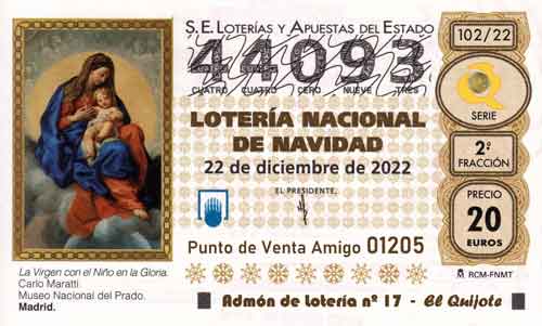 Décimo del numero 44093 de Lotería de Navidad 2022 Loteriasyapuestas El Quijote