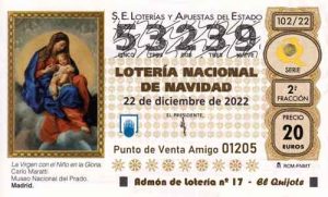 Décimo del numero 53239 de Lotería de Navidad 2022 Loteriasyapuestas El Quijote