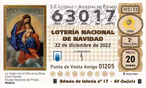 Décimo del numero 63017 de Lotería de Navidad 2022 Loteriasyapuestas El Quijote