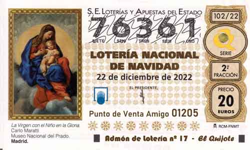 Décimo del numero 76361 de Lotería de Navidad 2022 Loteriasyapuestas El Quijote