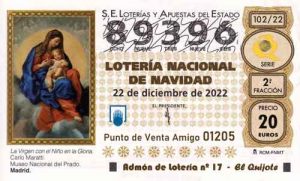 Décimo del numero 89396 de Lotería de Navidad 2022 Loteriasyapuestas El Quijote