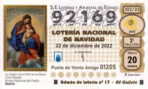 Décimo del numero 92169 de Lotería de Navidad 2022 Loteriasyapuestas El Quijote