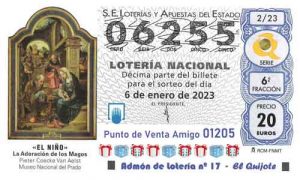 Décimo del número 06255 de Lotería del Niño 2023 Loteriasyapuestas El Quijote