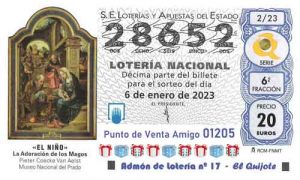 Décimo del número 28652 de Lotería del Niño 2023 Loteriasyapuestas El Quijote
