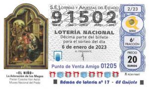 Décimo del número 91502 de Lotería del Niño 2023 Loteriasyapuestas El Quijote