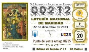 Décimo del numero 00212 de Lotería de Navidad 2023 Loteriasyapuestas El Quijote