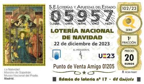 Décimo del numero 05957 de Lotería de Navidad 2023 Loteriasyapuestas El Quijote