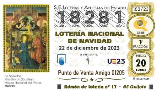 Décimo del numero 18281 de Lotería de Navidad 2023 Loteriasyapuestas El Quijote