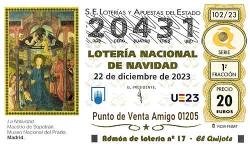 Décimo del numero 20431 de Lotería de Navidad 2023 Loteriasyapuestas El Quijote