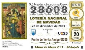 Décimo del numero 28608 de Lotería de Navidad 2023 Loteriasyapuestas El Quijote