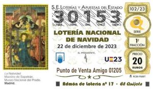 Décimo del numero 30153 de Lotería de Navidad 2023 Loteriasyapuestas El Quijote
