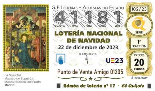 Décimo del numero 41181 de Lotería de Navidad 2023 Loteriasyapuestas El Quijote