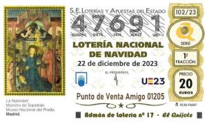 Décimo del numero 47691 de Lotería de Navidad 2023 Loteriasyapuestas El Quijote