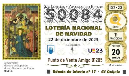 Décimo del numero 50084 de Lotería de Navidad 2023 Loteriasyapuestas El Quijote