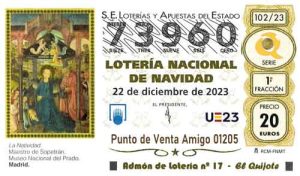 Décimo del numero 73960 de Lotería de Navidad 2023 Loteriasyapuestas El Quijote