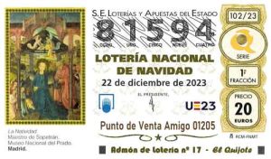 Décimo del numero 81594 de Lotería de Navidad 2023 Loteriasyapuestas El Quijote