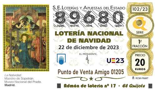Décimo del numero 89680 de Lotería de Navidad 2023 Loteriasyapuestas El Quijote