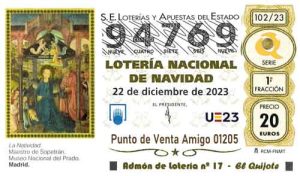 Décimo del numero 94769 de Lotería de Navidad 2023 Loteriasyapuestas El Quijote