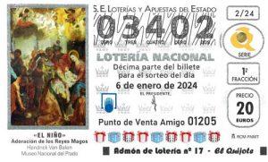 Décimo del número 03402 de Lotería del Niño 2024 Loteriasyapuestas El Quijote