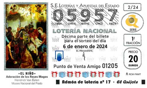 Décimo del número 05957 de Lotería del Niño 2024 Loteriasyapuestas El Quijote