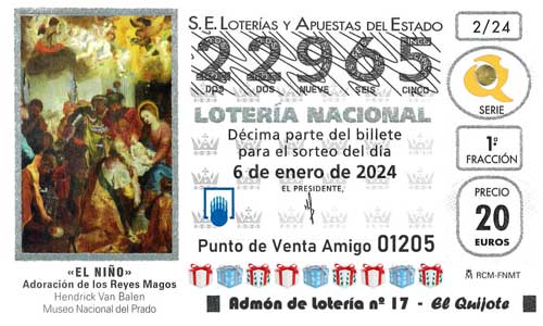 Décimo del número 22965 de Lotería de El Niño 2024 Loteriasyapuestas El Quijote