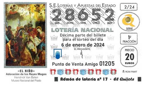 Décimo del número 28652 de Lotería de El Niño 2024 Loteriasyapuestas El Quijote