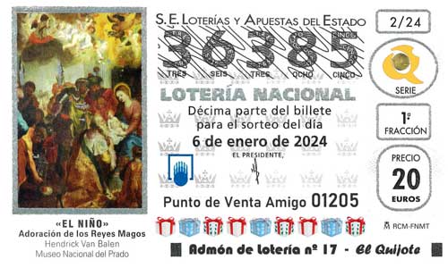 Décimo del número 36385 de Lotería de El Niño 2024 Loteriasyapuestas El Quijote