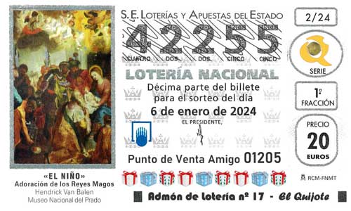 Décimo del número 42255 de Lotería de El Niño 2024 Loteriasyapuestas El Quijote