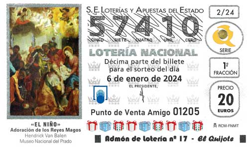Décimo del número 57410 de Lotería de El Niño 2024 Loteriasyapuestas El Quijote