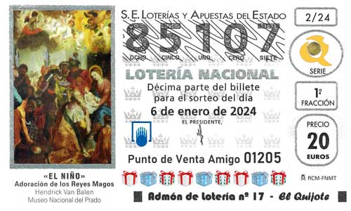 Décimo del número 85107 de Lotería de El Niño 2024 Loteriasyapuestas El Quijote