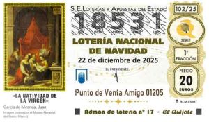 Décimo del numero 18531 de Lotería de Navidad 2025 Loteriasyapuestas El Quijote