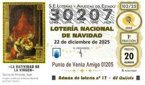 Décimo del numero 30207 de Lotería de Navidad 2025 Loteriasyapuestas El Quijote