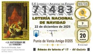 Décimo del numero 71483 de Lotería de Navidad 2025 Loteriasyapuestas El Quijote