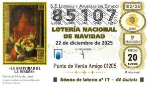 Décimo del numero 85107 de Lotería de Navidad 2025 Loteriasyapuestas El Quijote