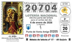 Décimo del número 20704 de Lotería del Niño 2026 Loteriasyapuestas El Quijote