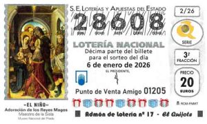 Décimo del número 28608 de Lotería del Niño 2026 Loteriasyapuestas El Quijote