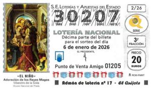 Décimo del número 30207 de Lotería del Niño 2026 Loteriasyapuestas El Quijote
