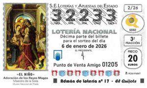 Décimo del número 32233 de Lotería del Niño 2026 Loteriasyapuestas El Quijote