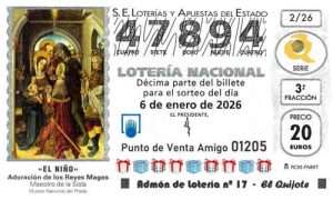 Décimo del número 47894 de Lotería del Niño 2026 Loteriasyapuestas El Quijote
