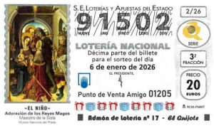Décimo del número 91502 de Lotería del Niño 2026 Loteriasyapuestas El Quijote