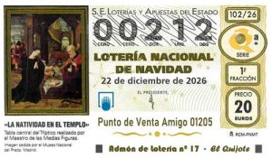Décimo del numero 00212 de Lotería de Navidad 2026 Loteriasyapuestas El Quijote