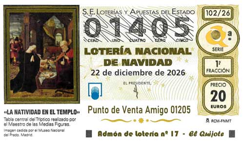 Décimo del numero 01405 de Lotería de Navidad 2026 Loteriasyapuestas El Quijote