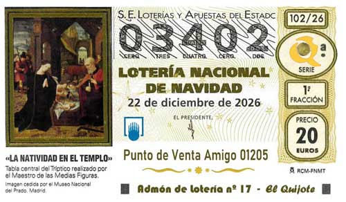 Décimo del numero 03402 de Lotería de Navidad 2026 Loteriasyapuestas El Quijote