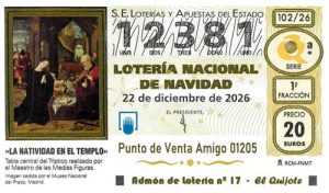 Décimo del numero 12381 de Lotería de Navidad 2026 Loteriasyapuestas El Quijote