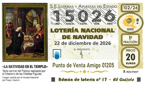 Décimo del numero 15026 de Lotería de Navidad 2026 Loteriasyapuestas El Quijote