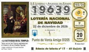 Décimo del numero 19639 de Lotería de Navidad 2026 Loteriasyapuestas El Quijote